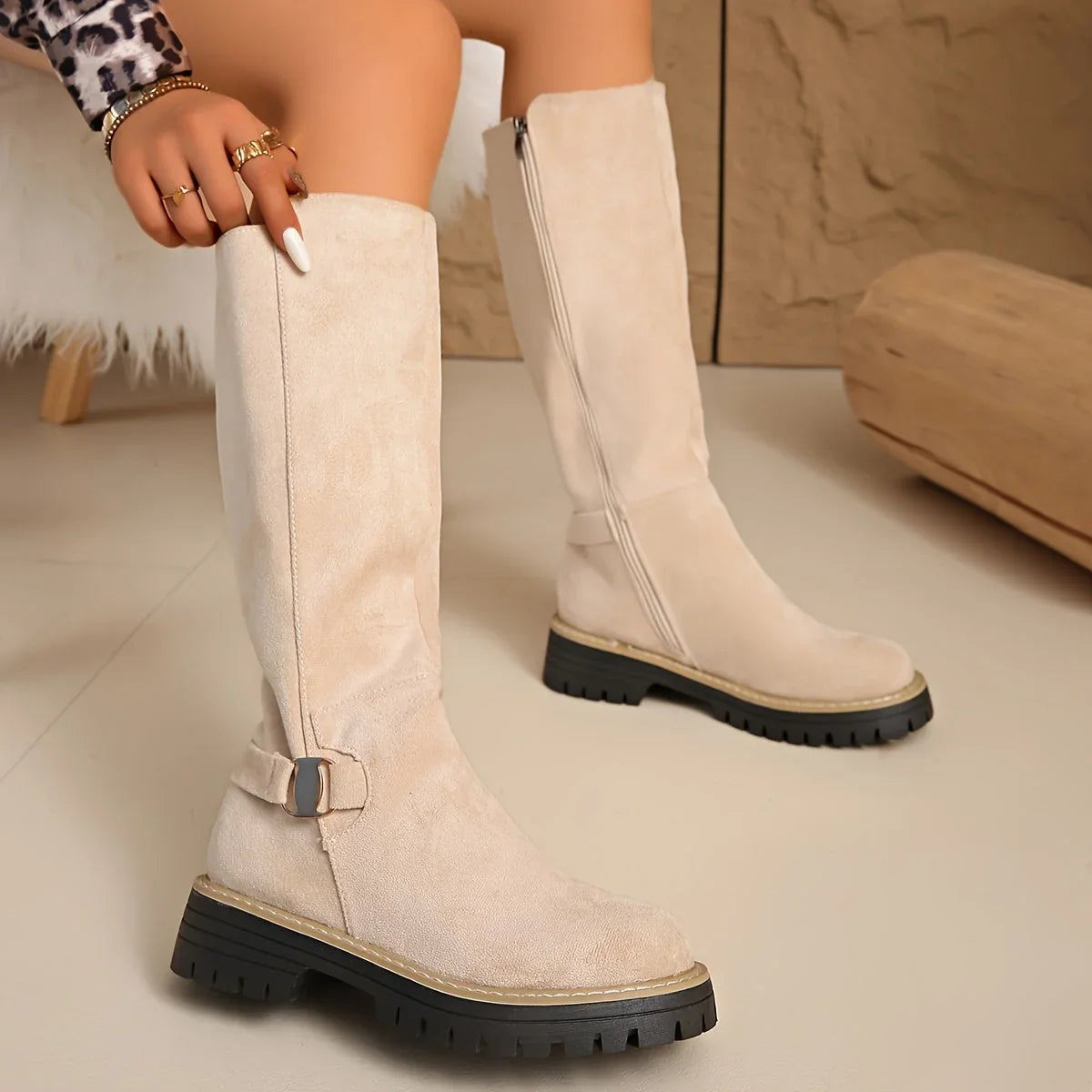 Alma | Flat Lug-Sole Women Knee High Boots for Winter