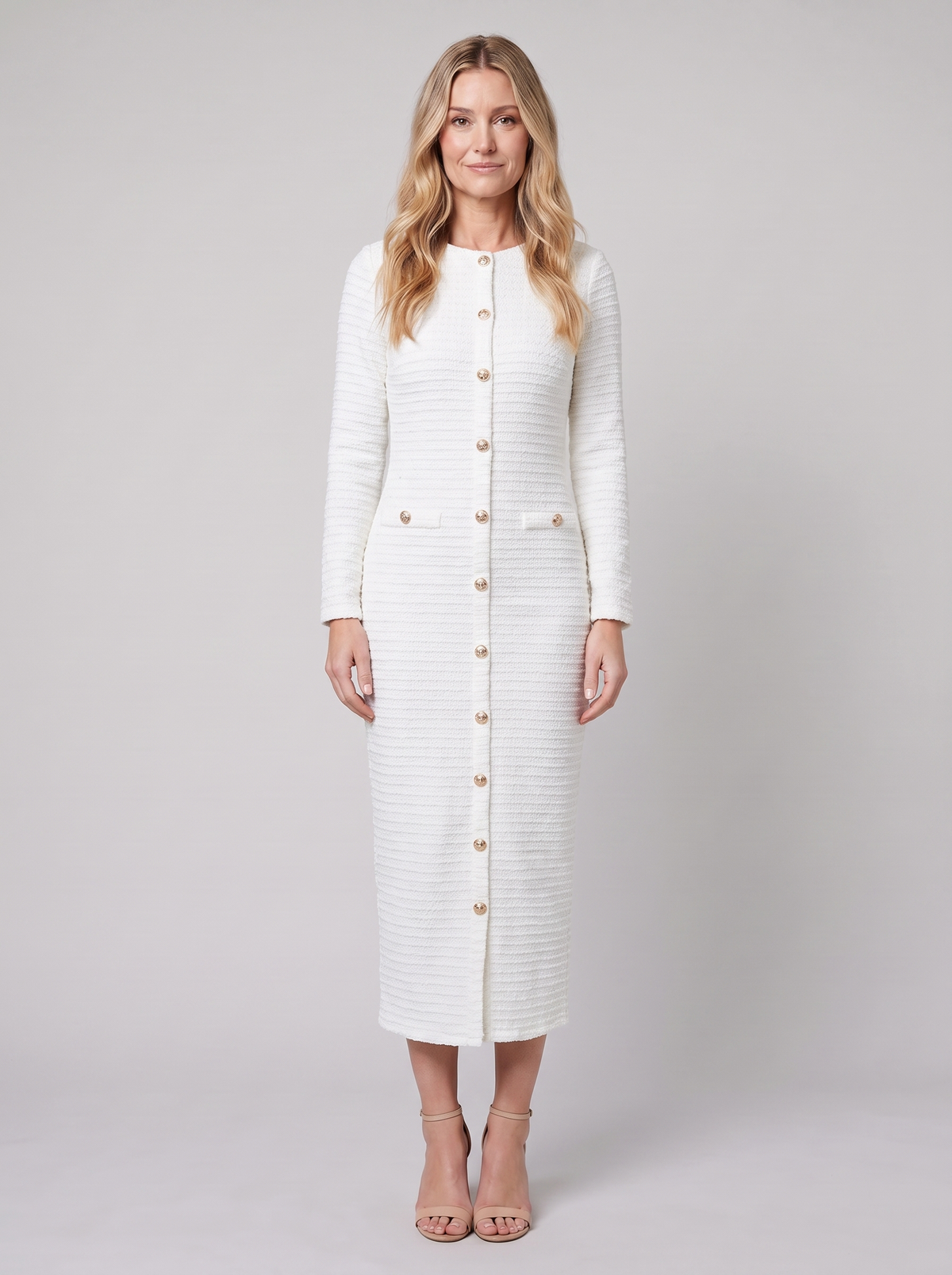 Lilibet | Gold-Button Tweed Women's Midi Dress