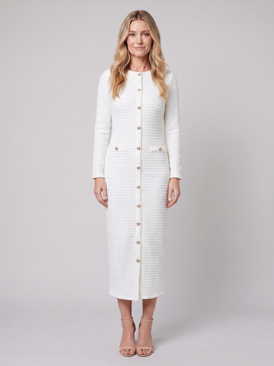 Lilibet | Gold-Button Tweed Women's Midi Dress