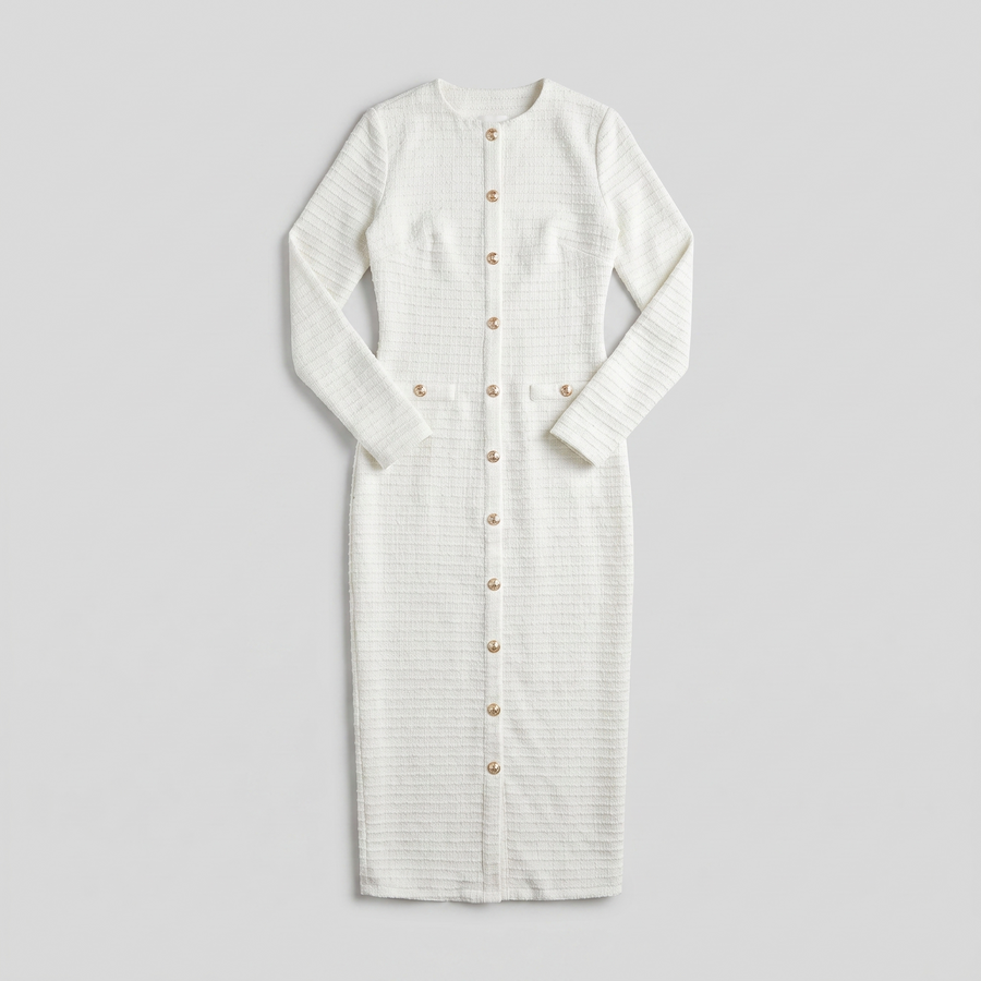 Lilibet | Gold-Button Tweed Women's Midi Dress