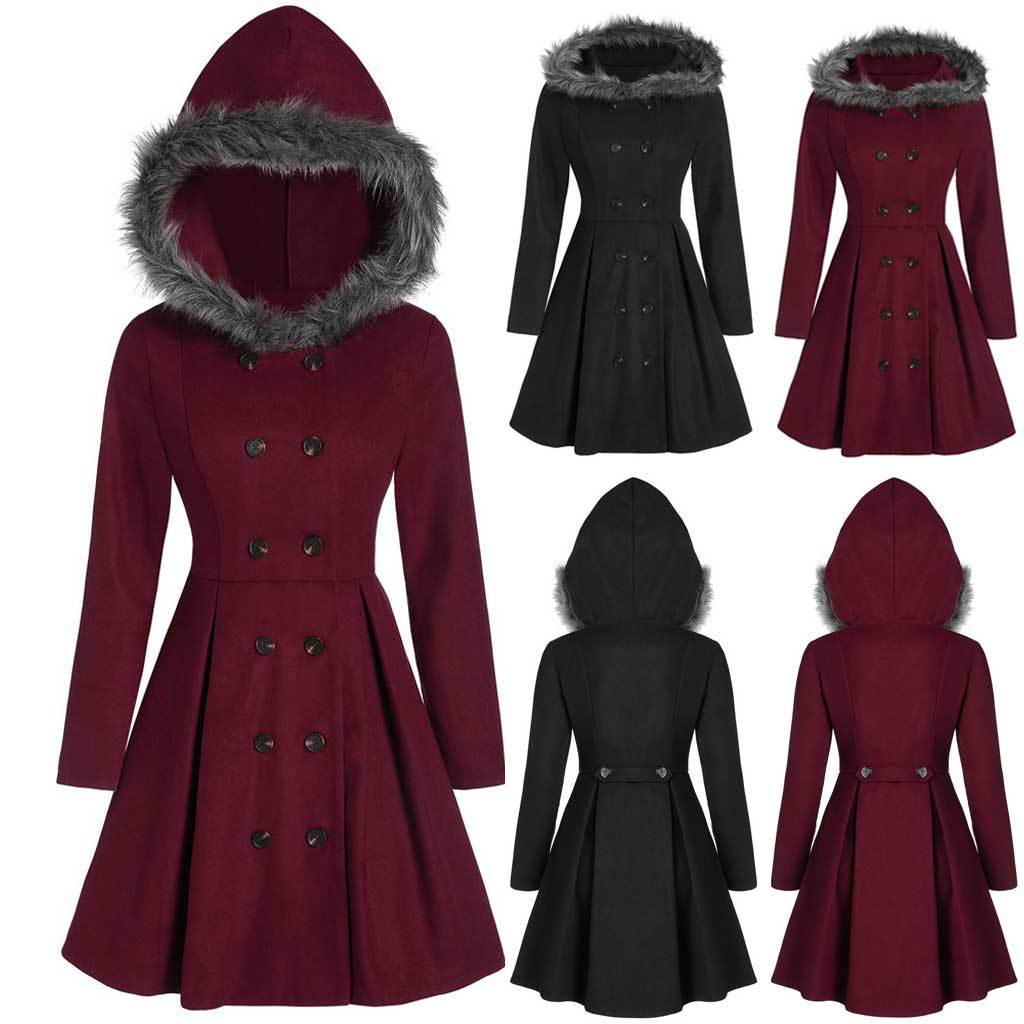 Haldis | Double-Breasted Fur-Hood Women's Coat for Winter