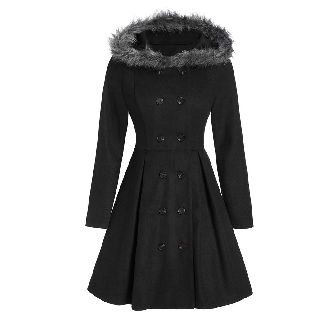 Haldis | Double-Breasted Fur-Hood Women's Coat for Winter