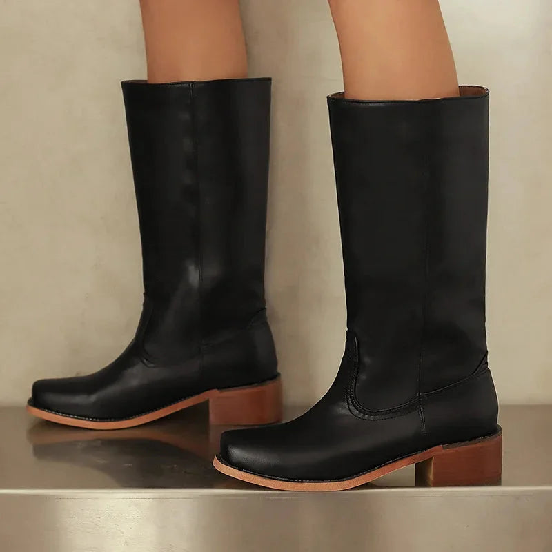 Greta | Faux Leather Square-Toe Women Knee High Boots for Winter