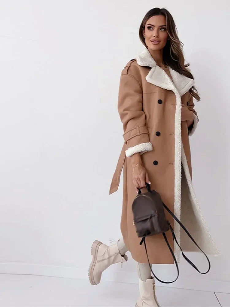 Josslyn | Long Faux Shearling Suede Belted Winter Coat for Cold-Weather