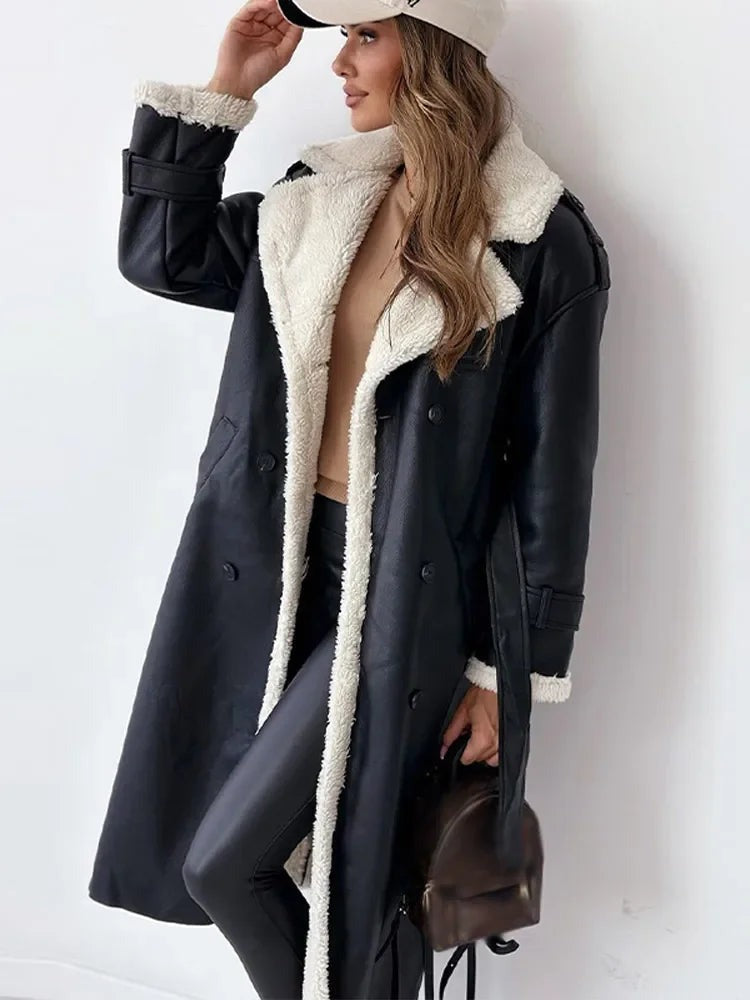 Josslyn | Long Faux Shearling Suede Belted Winter Coat for Cold-Weather