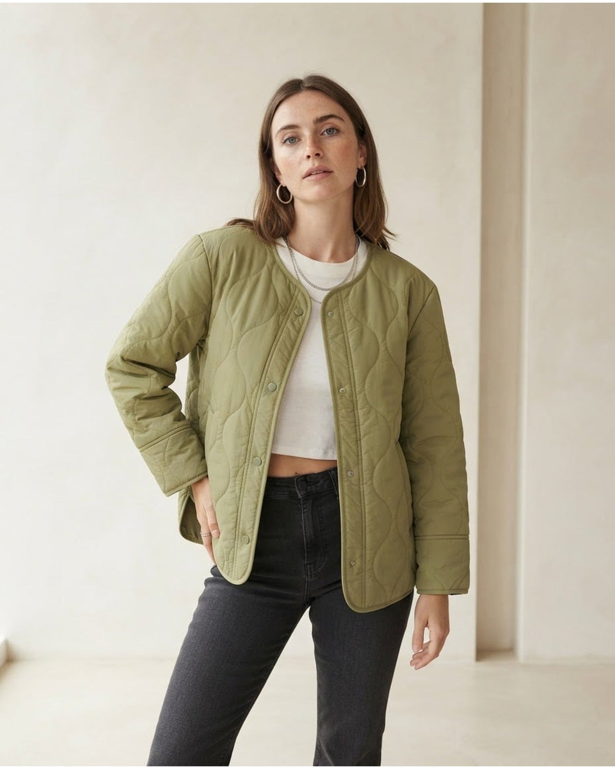 Clementine | Sage-Green Ogee-Stitch Women's Quilted Jacket for Winter