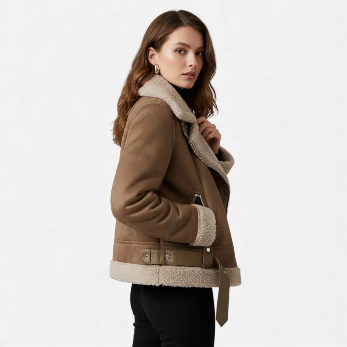 Women's Suede Faux-Shearling Belted Aviator Jacket | Winter for Cold-Weather