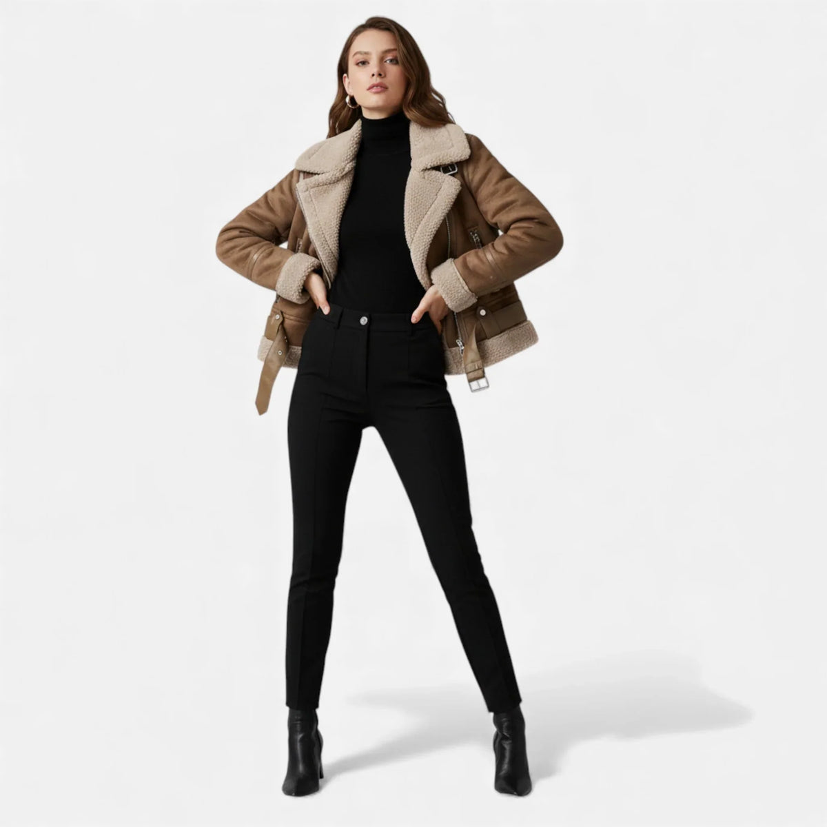 Women's Suede Faux-Shearling Belted Aviator Jacket | Winter for Cold-Weather