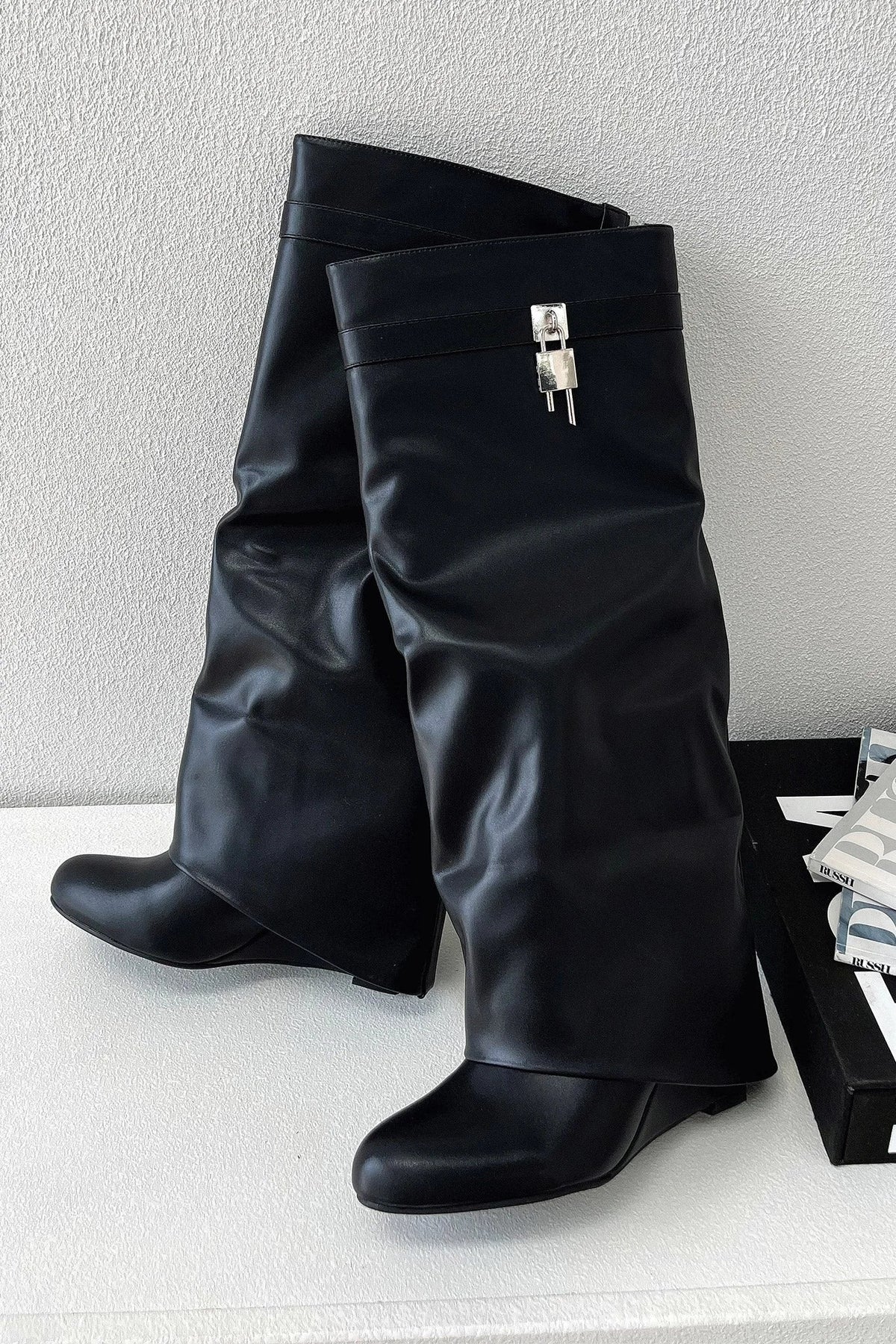 Mabel | Black Faux Leather Women Knee High Boots for Winter