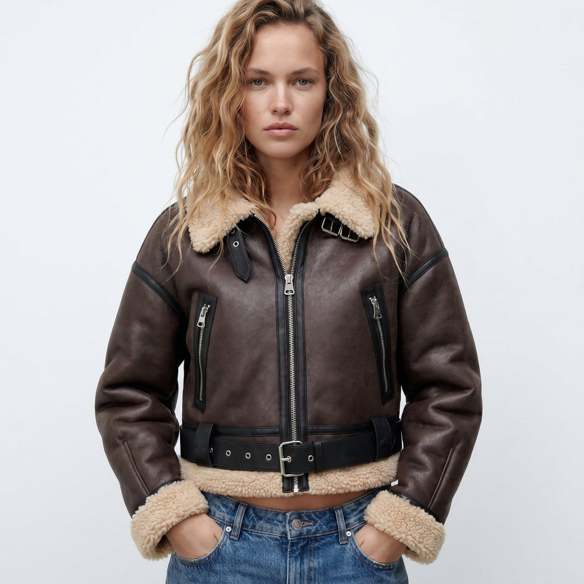 Marisabel | Brown Leather Faux-Shearling Aviator Jacket