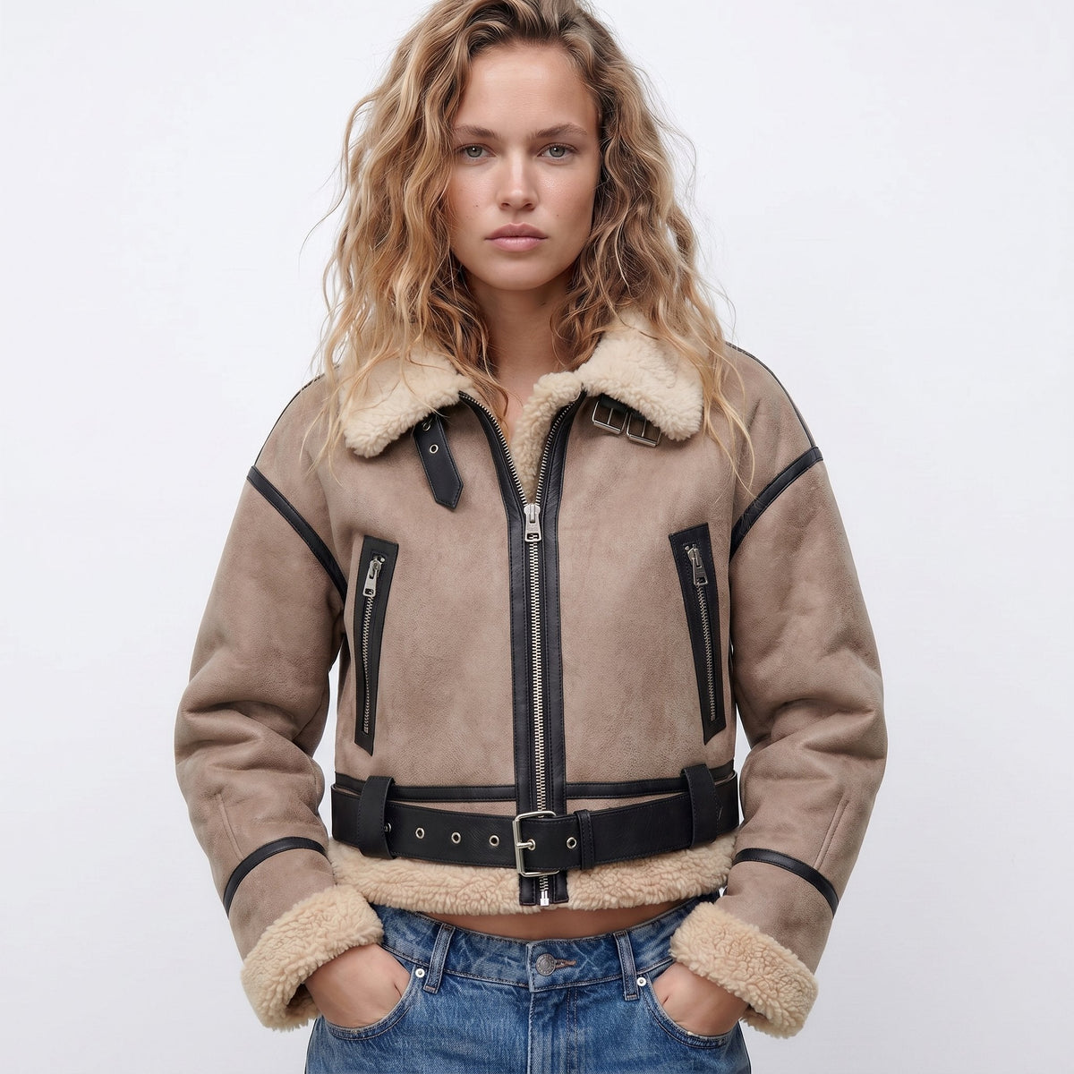 Marisabel | Brown Leather Faux-Shearling Aviator Jacket