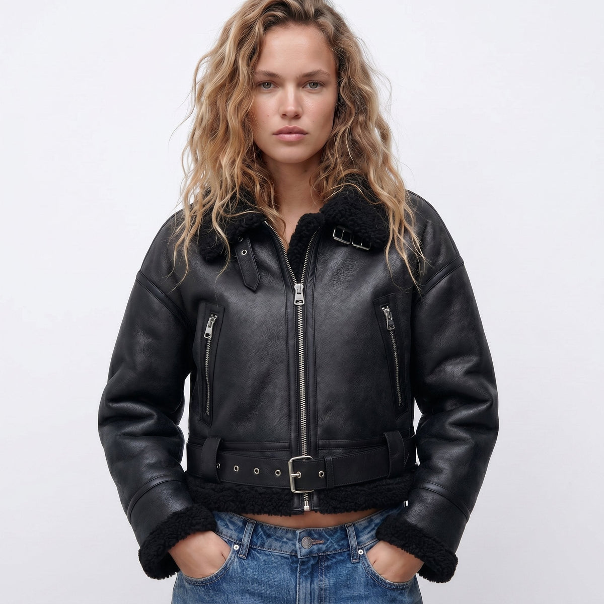 Marisabel | Brown Leather Faux-Shearling Aviator Jacket