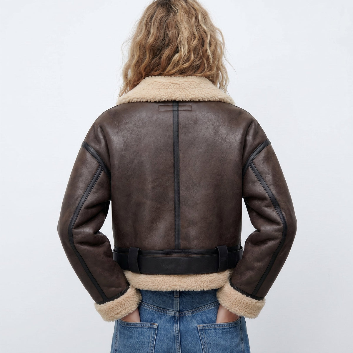 Marisabel | Brown Leather Faux-Shearling Aviator Jacket