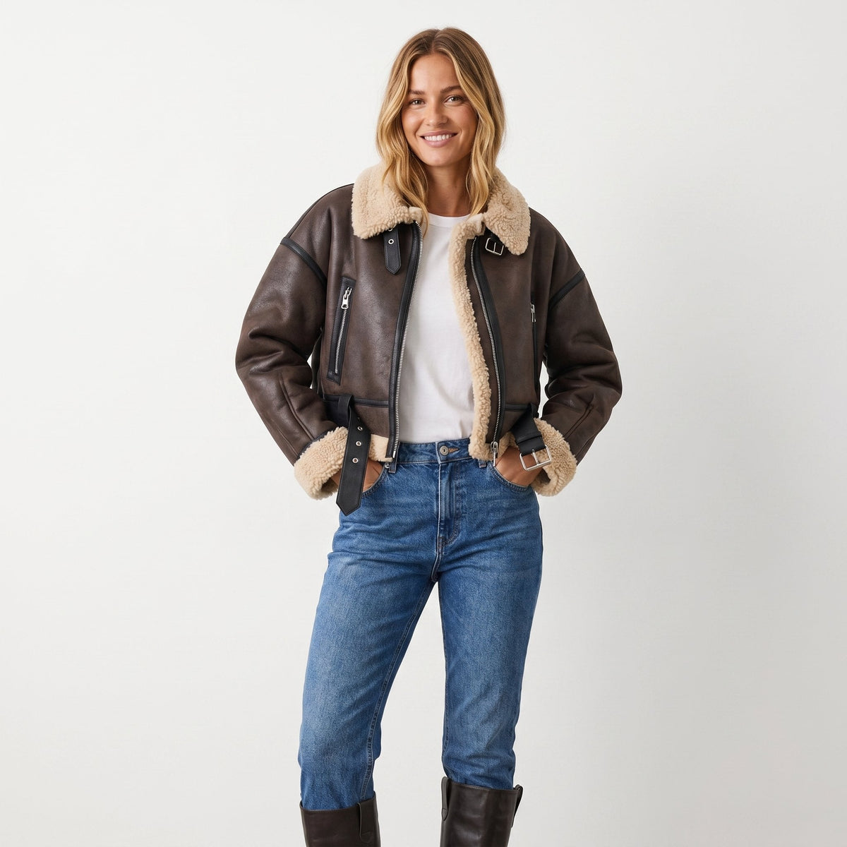 Marisabel | Brown Leather Faux-Shearling Aviator Jacket