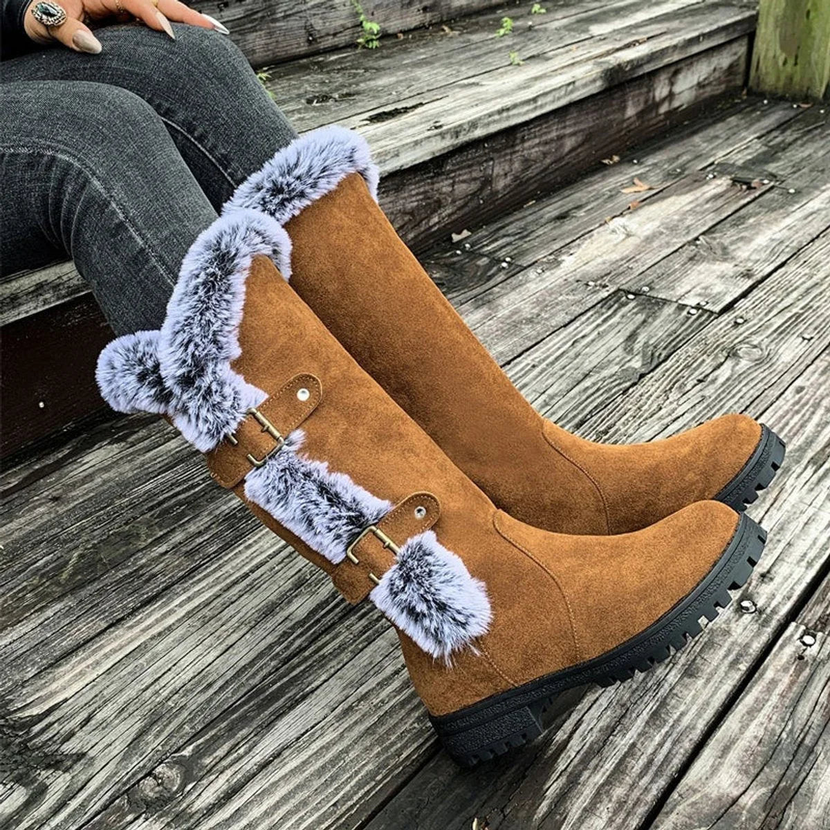 Jessa | Faux-Suede Fur-Trim Women Knee High Boots for Winter