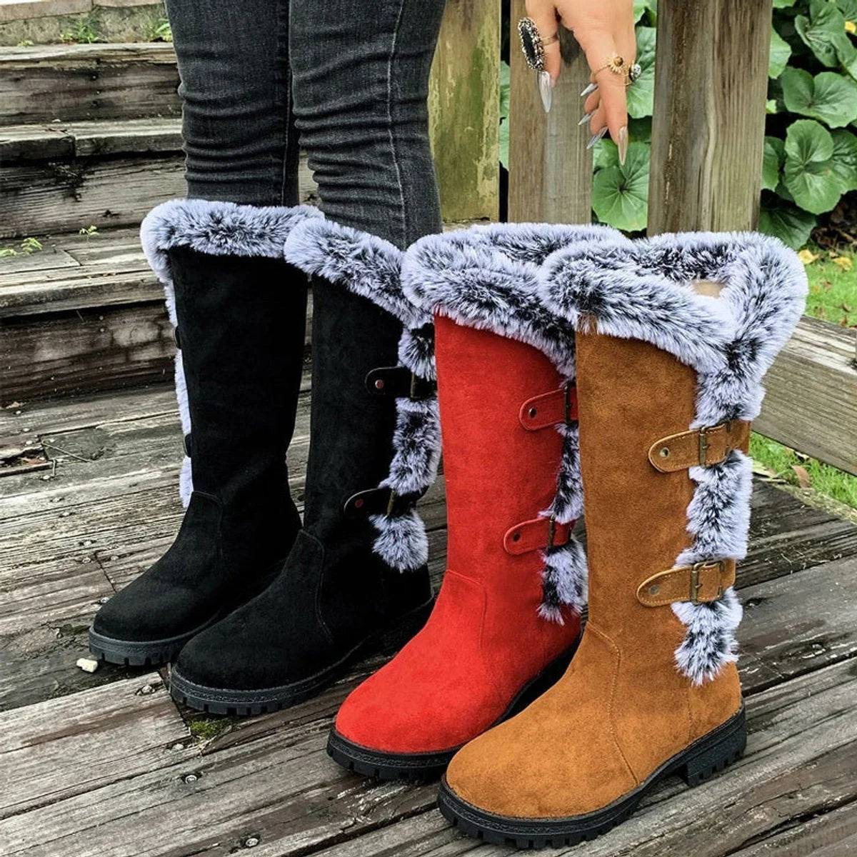 Jessa | Faux-Suede Fur-Trim Women Knee High Boots for Winter