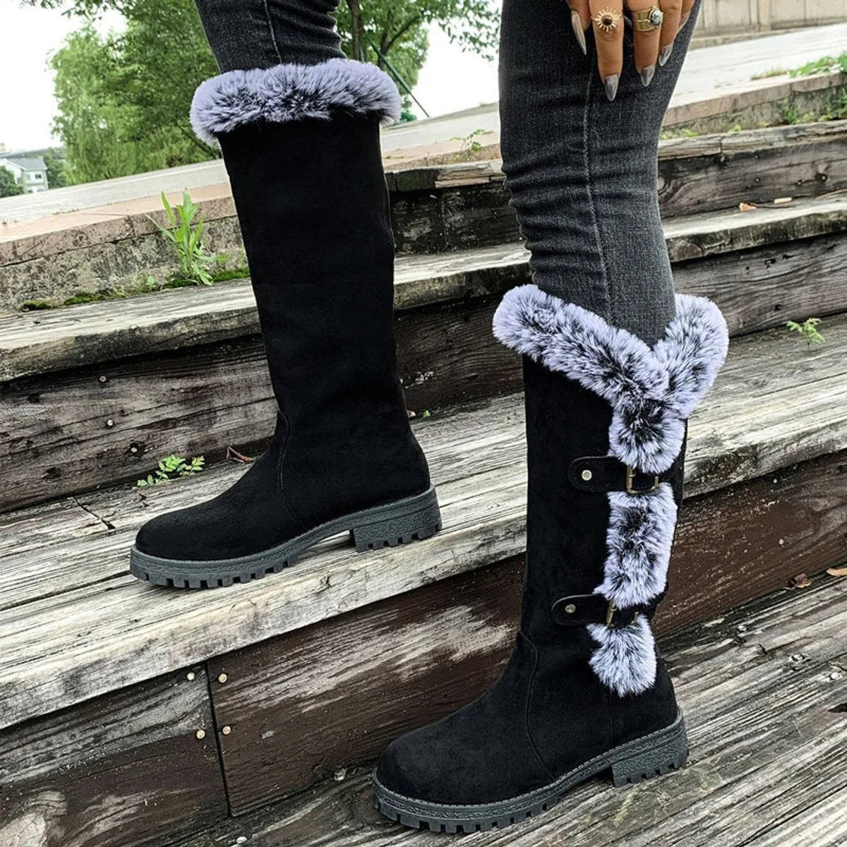 Jessa | Faux-Suede Fur-Trim Women Knee High Boots for Winter