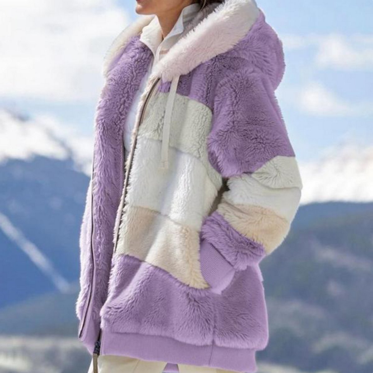 Josephine | Hooded Colour-Block Women's Faux Fur Coat for Winter