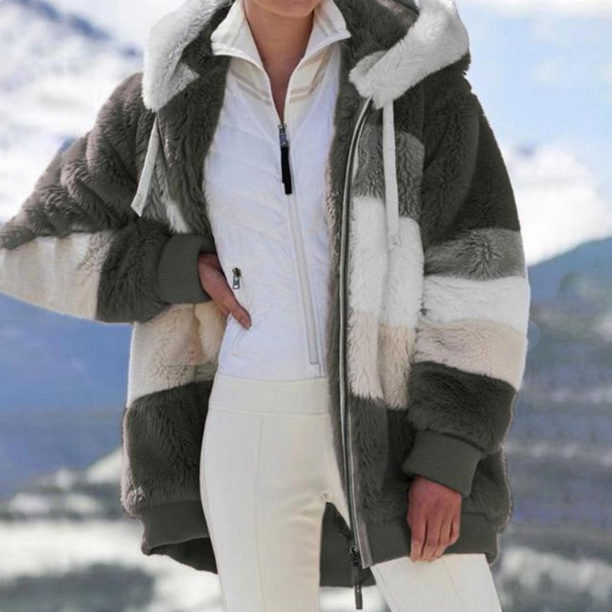 Josephine | Hooded Colour-Block Women's Faux Fur Coat for Winter