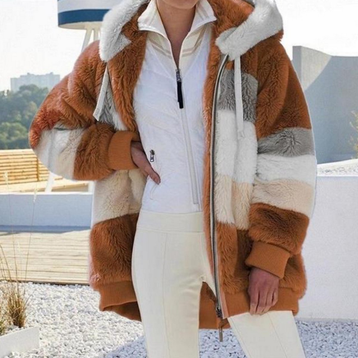 Josephine | Hooded Colour-Block Women's Faux Fur Coat for Winter