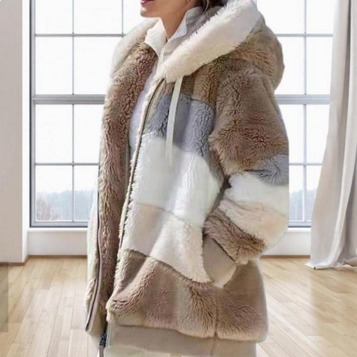 Josephine | Hooded Colour-Block Women's Faux Fur Coat for Winter