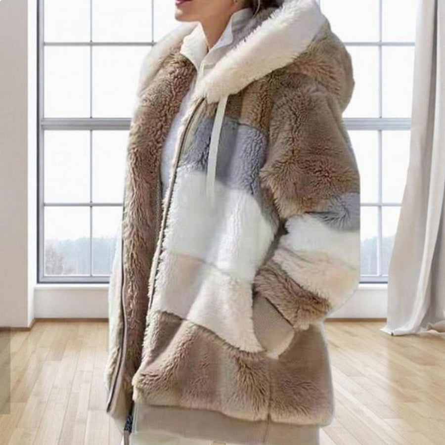 Josephine | Hooded Colour-Block Women's Faux Fur Coat for Winter