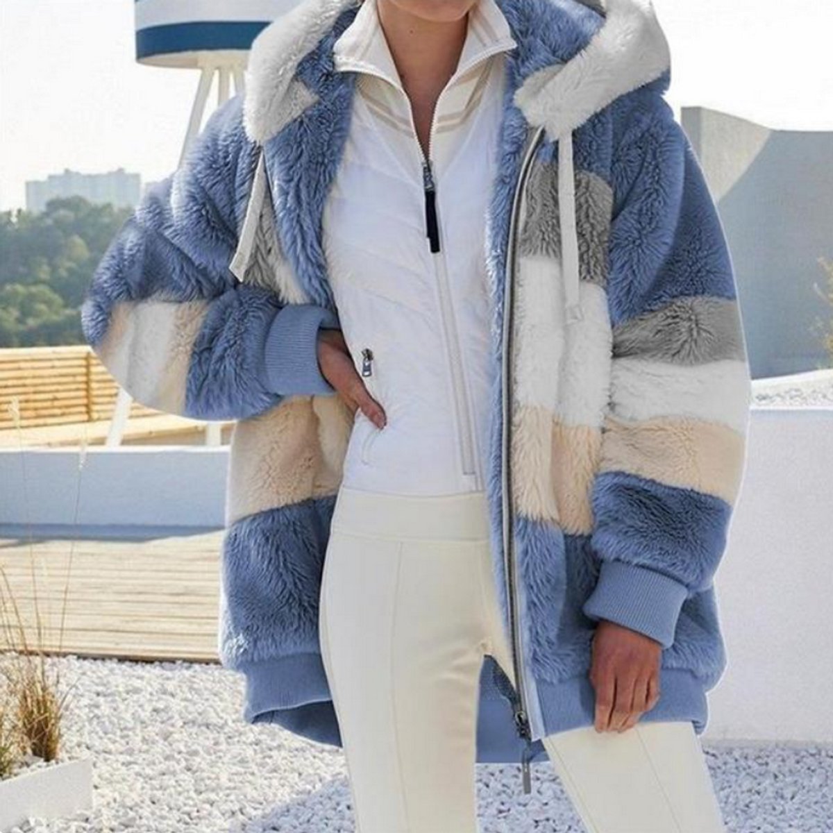 Josephine | Hooded Colour-Block Women's Faux Fur Coat for Winter