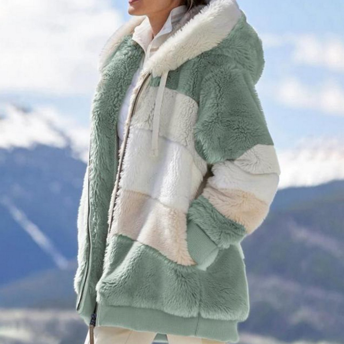 Josephine | Hooded Colour-Block Women's Faux Fur Coat for Winter