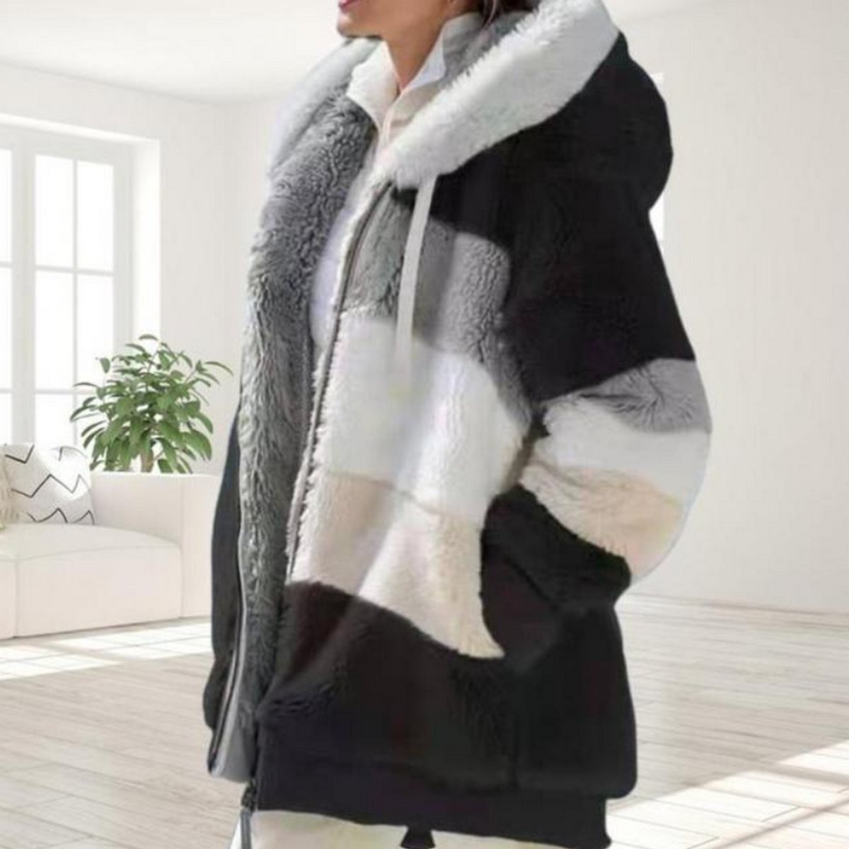 Josephine | Hooded Colour-Block Women's Faux Fur Coat for Winter