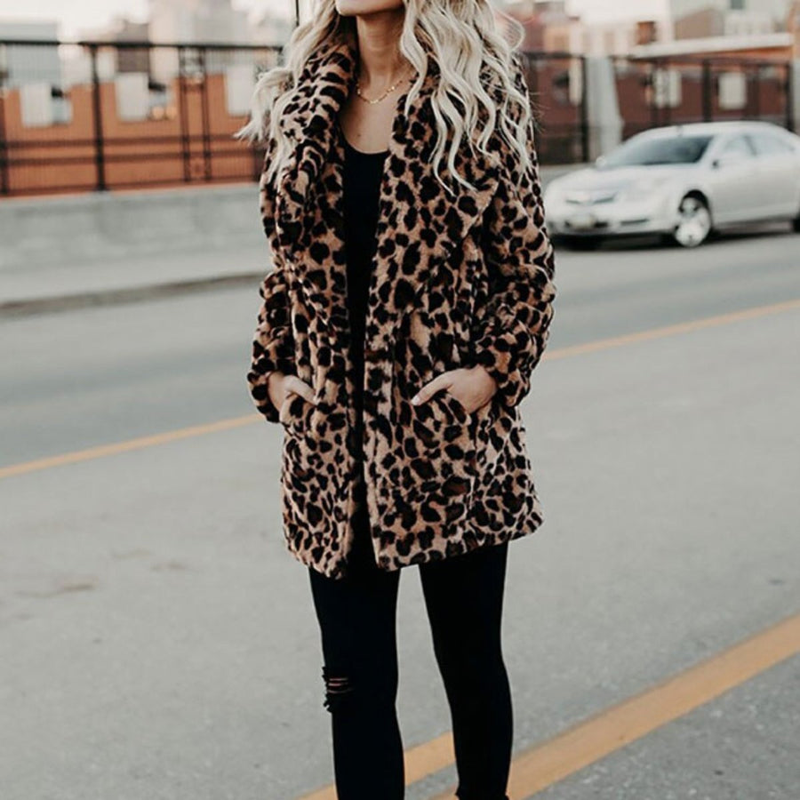 June | Leopard-Print Open-Front Women's Faux Fur Coat for Winter