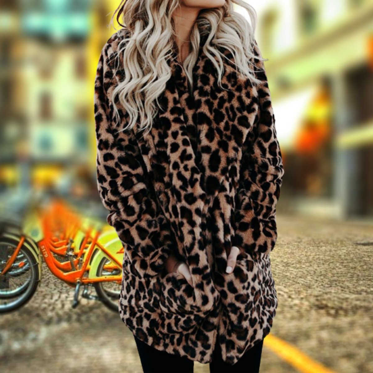 June | Leopard-Print Open-Front Women's Faux Fur Coat for Winter