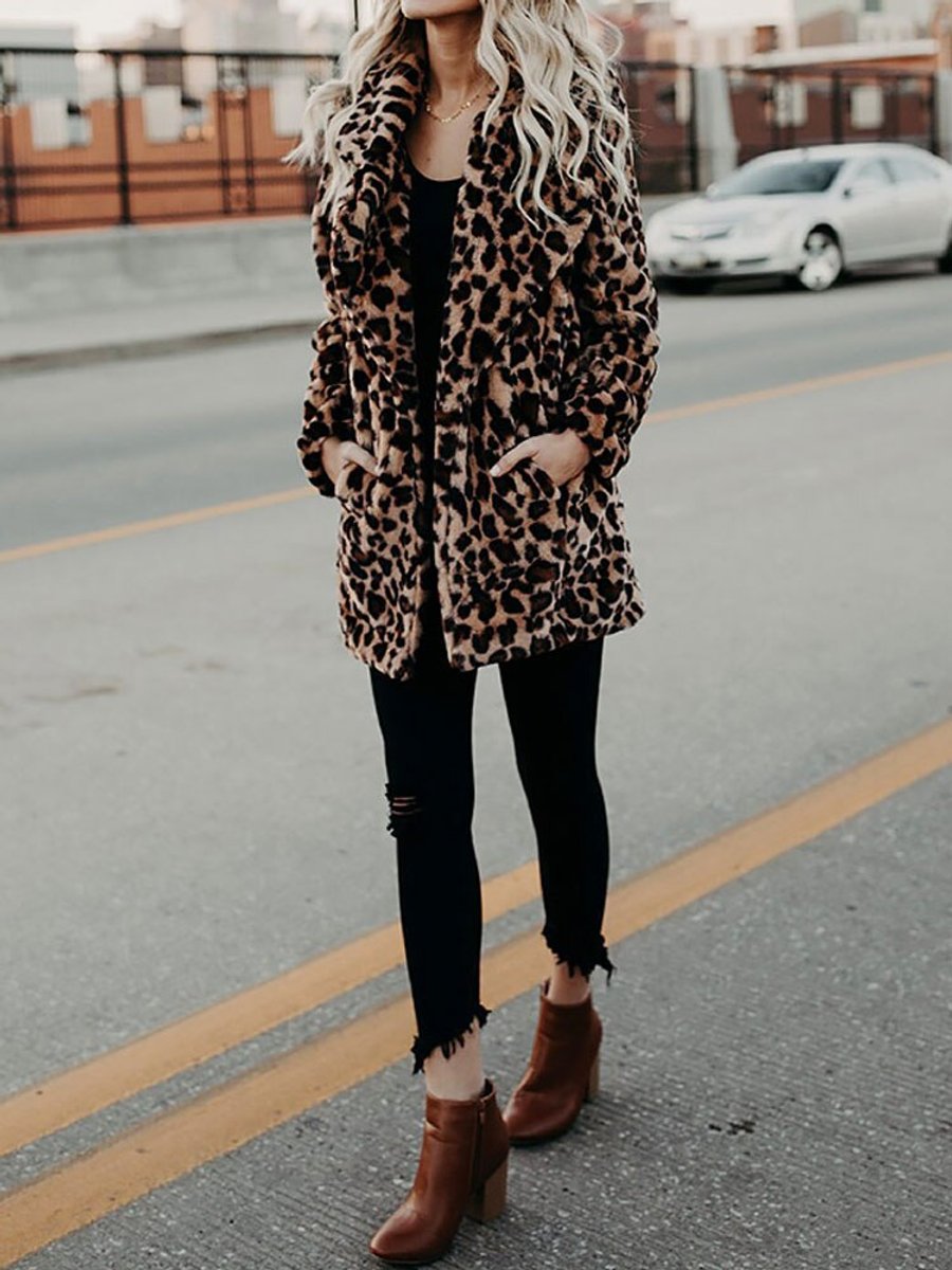 June | Leopard-Print Open-Front Women's Faux Fur Coat for Winter