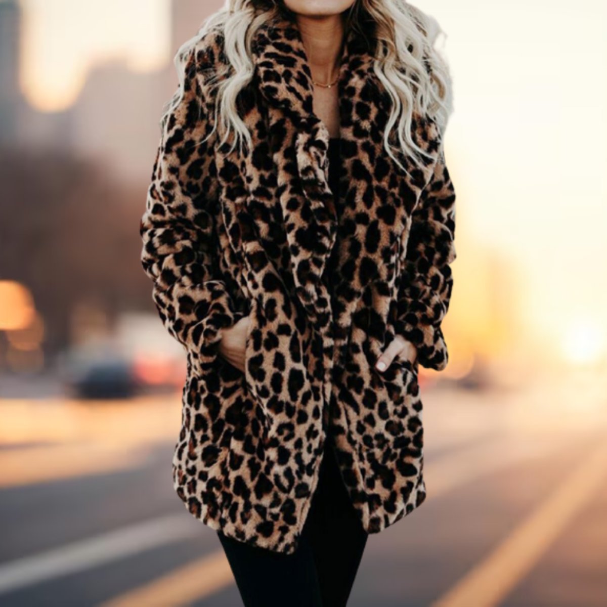June | Leopard-Print Open-Front Women's Faux Fur Coat for Winter