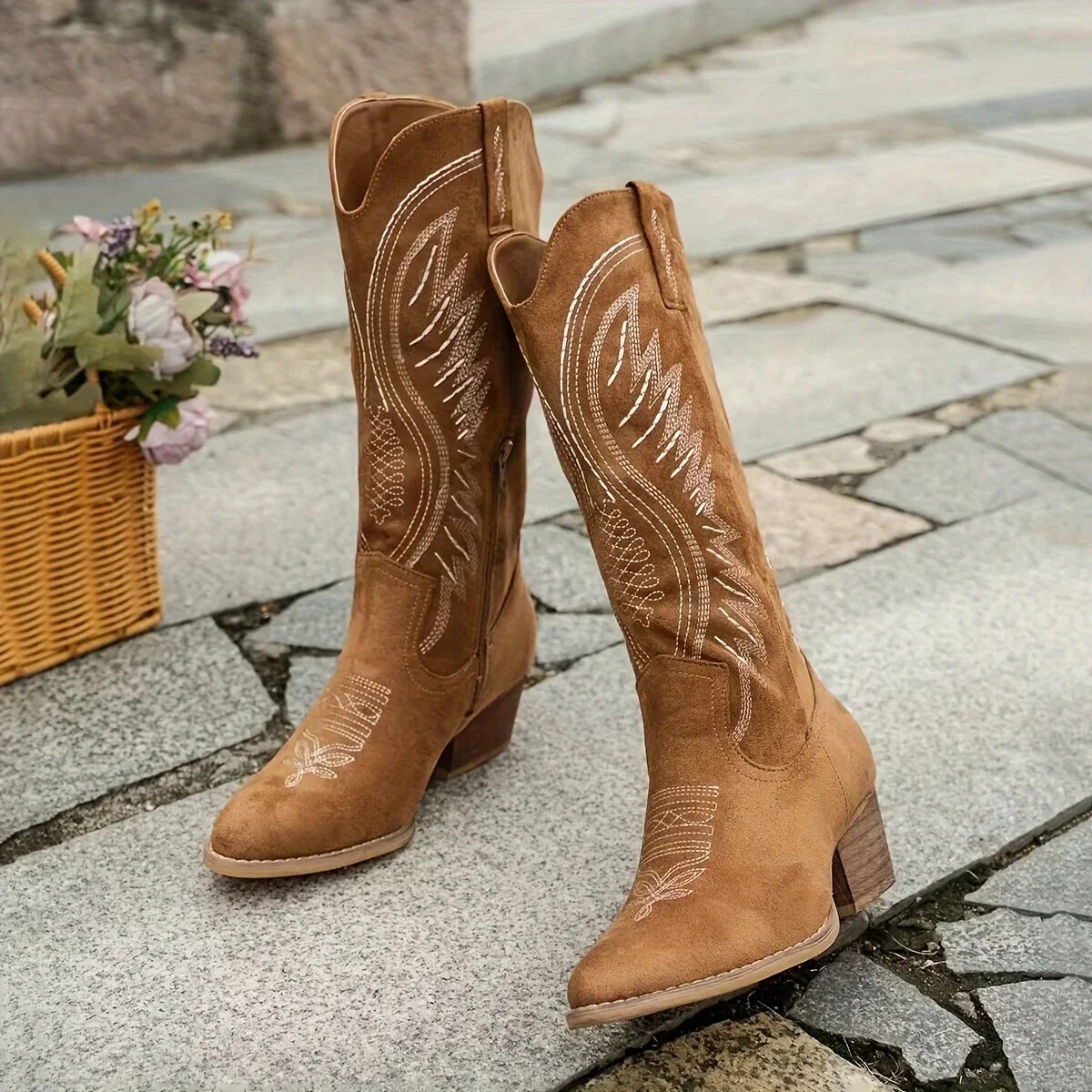 Wilma | Suede Embroidered Women Mid-Calf Cowboy Boots for Winter